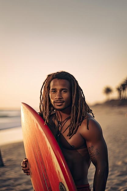 Ritratto di un bell'uomo surfista in piedi con una tavola da surf sulla spiaggia un giovane surfista afroamericano