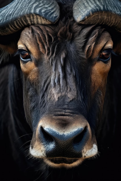 Ritratto di un bellissimo bufalo africano in primo piano Macrofotografia su sfondo scuro IA generativa