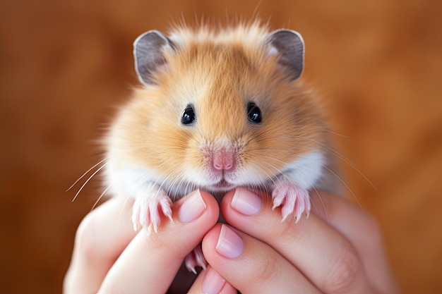 Ritratto di un bellissimo criceto in mani umane criceto che guarda la telecamera che si prende cura di un animale domestico Generate Ai