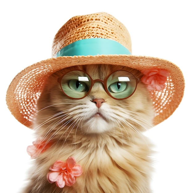 Ritratto di un bellissimo gatto con occhiali da sole neri e un cappello di paglia Incredibile gatto carino che indossa un cappello colorato