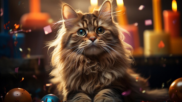 ritratto di un bellissimo gatto con una candela sullo sfondo della decorazione festiva