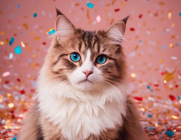 Ritratto di un bellissimo gatto peloso con confetti colorati Il concetto di una vacanza