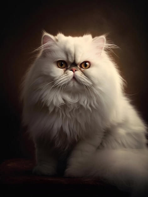 Ritratto di un bellissimo gatto persiano bianco con occhi arancione su sfondo scuro