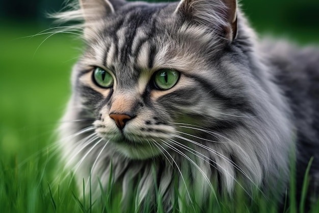 Ritratto di un bellissimo gatto siberiano sull'erba verde