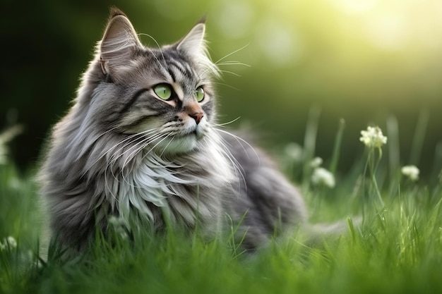 Ritratto di un bellissimo gatto siberiano sull'erba verde