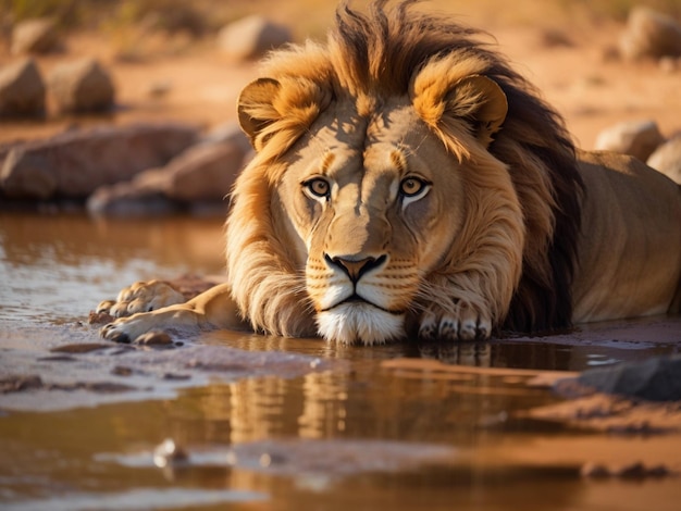 Ritratto di un bellissimo leone leone alla pozza d'acqua