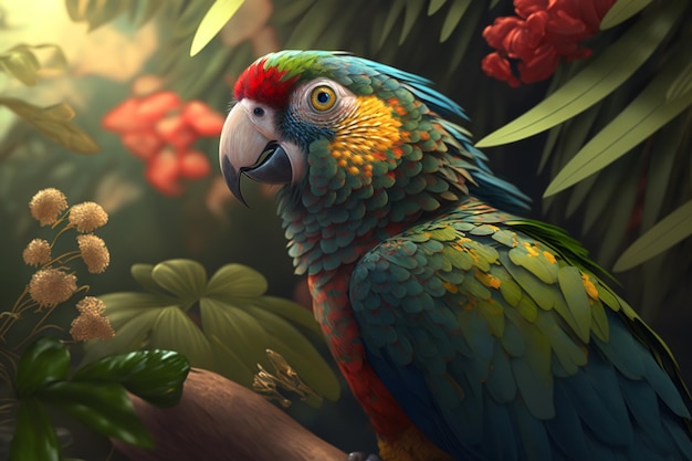 Ritratto di un bellissimo pappagallo tropicale colorato seduto su un ramo all'aperto in una giornata di sole Uccello esotico nella giungla guardando la fotocamera IA generativa