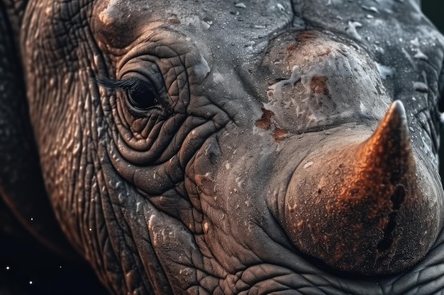 Ritratto di un bellissimo rinoceronte africano in primo piano Macrofotografia su sfondo scuro IA generativa