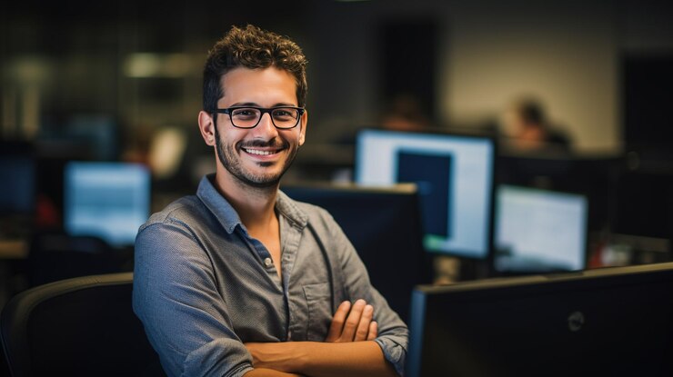 Ritratto di un bellissimo sviluppatore di software nel suo ambiente di lavoro