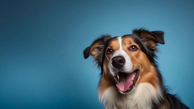 Ritratto di un border collie gioioso con un'espressione divertente felice isolato su uno sfondo blu