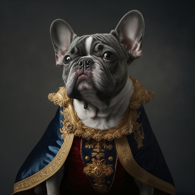 Ritratto di un Bulldog francese che indossa un costume reale.