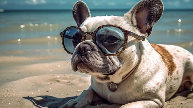 Ritratto di un bulldog francese con gli occhiali da sole sul mare e sullo sfondo della spiaggia IA generata