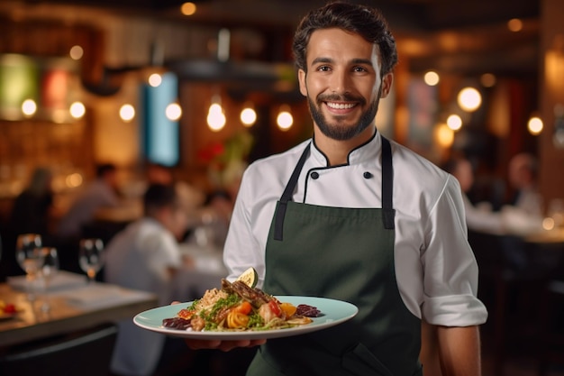 Ritratto di un cameriere sorridente che tiene un piatto di insalata in un ristorante