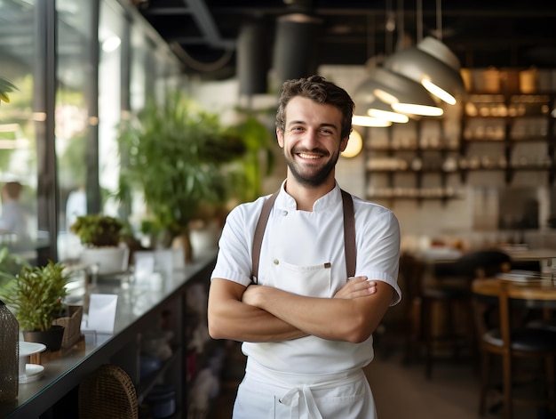 Ritratto di un cameriere sorridente in piedi con le braccia incrociate in un bar