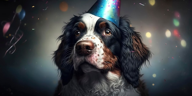 Ritratto di un cane alla sua festa di compleanno con cappello da festa e ha una torta selvaggia con candele che indossa un cappello da festa palloncini e coriandoli