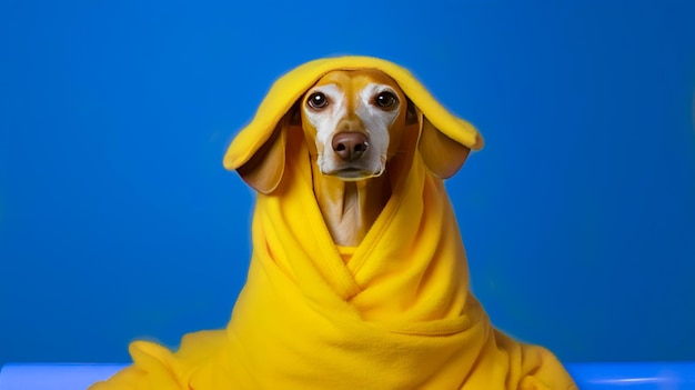 Ritratto di un cane avvolto in una coperta gialla su sfondo blu Cane in un asciugamano dopo il bagno