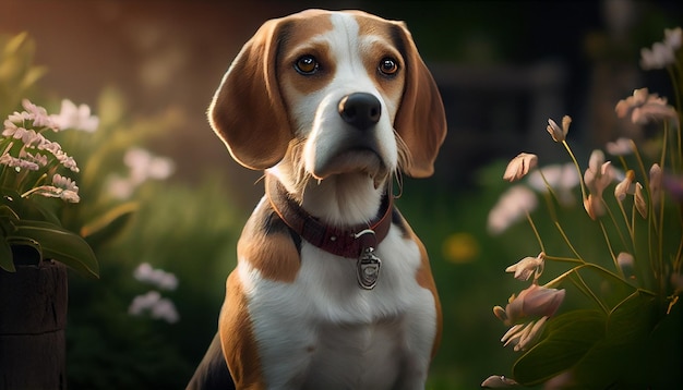 Ritratto di un cane beagle in giardino con fiori generativi ai