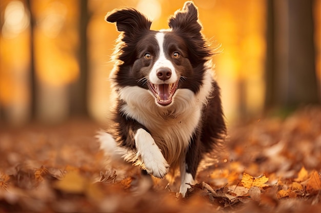 Ritratto di un cane border collie che vive in Belgio Cane border collie che corre nel prato autunnale Animali da compagnia Generato dall'intelligenza artificiale