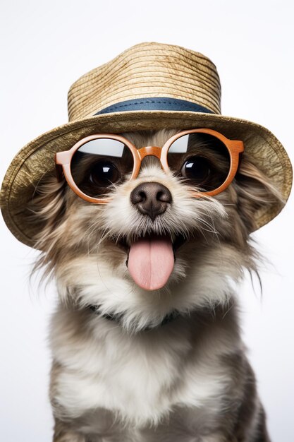 Ritratto di un cane carino con gli occhiali, cappello di paglia, piccolo cane sorridente su sfondo bianco