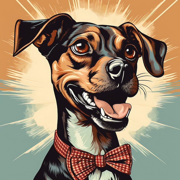 Ritratto di un cane che tiene un osso con la lingua che si rilassa felicemente Rich Vintage Poster 2D Flat Design Art