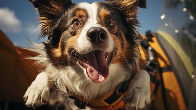 Ritratto di un cane che vola con il paracadute un cane felice e sorridente IA generativa