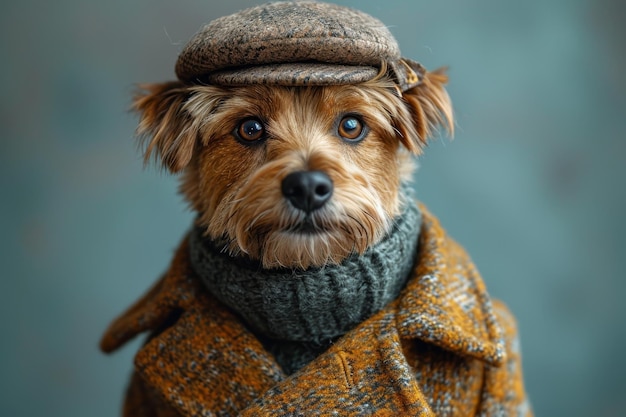 Ritratto di un cane con un cappello e vestiti d'autunno