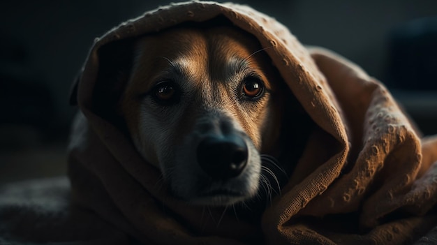 Ritratto di un cane con una coperta in testa nell'oscuritàgenerativa ai