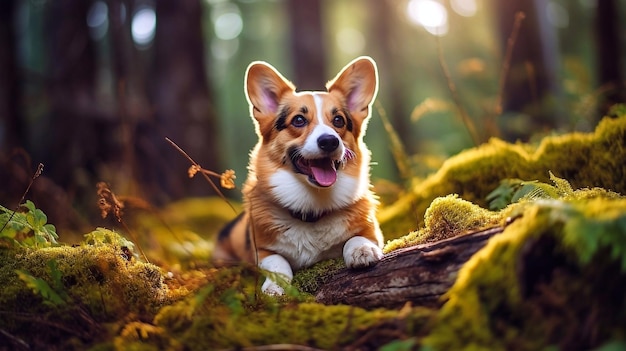 Ritratto di un cane corgi gallese nella foresta