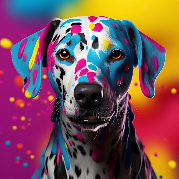 Ritratto di un cane dalmata adornato con colori vivaci per il costume festivo di Holi Festi Pet