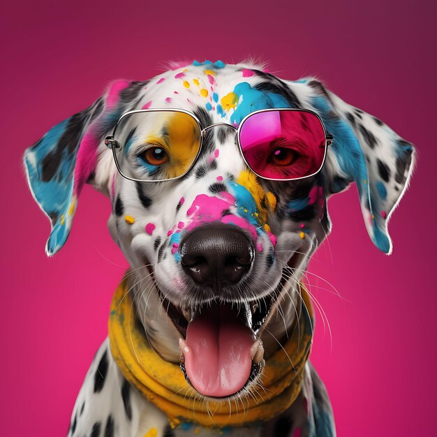 Ritratto di un cane dalmata adornato con colori vivaci per il costume festivo di Holi Festi Pet