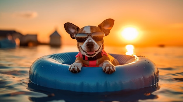 Ritratto di un cane felice in un anello galleggiante gonfiabile isolato sul galleggiatore della piscina Generative Ai Technology