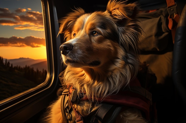 ritratto di un cane in viaggio con attrezzature turistiche