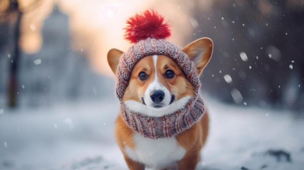 Ritratto di un cane invernale che cammina nella neve Cane con cappello e sciarpa Guardando la telecamera Corgi ha generato ai