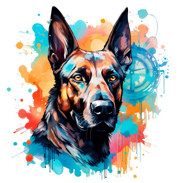 Ritratto di un cane Malinois Acquerello illustrazione luminosa con spruzzi e gocce