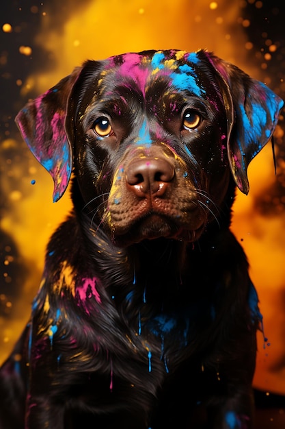 Ritratto di un cane Rottweiler adornato con i colori vivaci del festival di Holi Sit Pet Costume festivo Foto