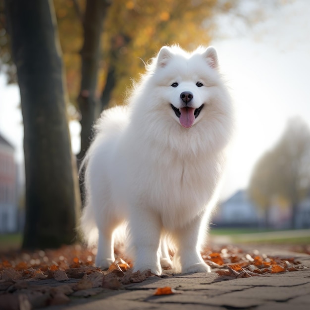 Ritratto di un cane samoieto bianco Il cane samoieta fa una varietà di ex cattivi e adorabili felici e tristi