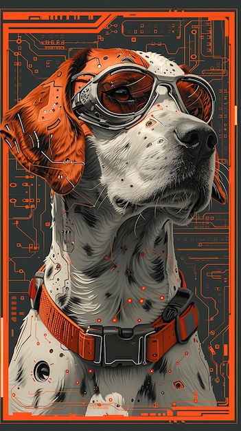 Ritratto di un cane setter con un naso cibernetico Occhiali di realtà aumentata Poster cyber Banner Flyer