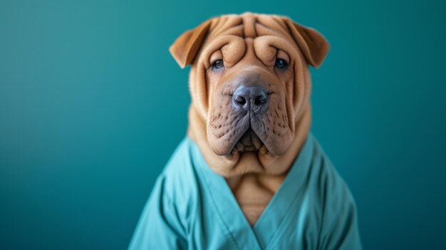 Ritratto di un cane shar pei vestito con abiti medici