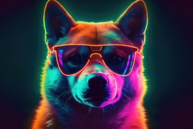 Ritratto di un cane Shiba Inu in una luce al neon