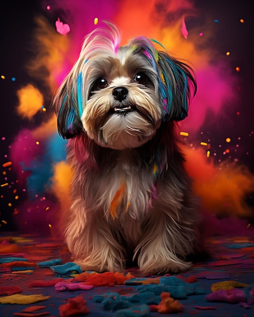Ritratto di un cane Shih Tzu adornato con intricati colori del festival di Holi Sitti Pet Costume festivo Foto