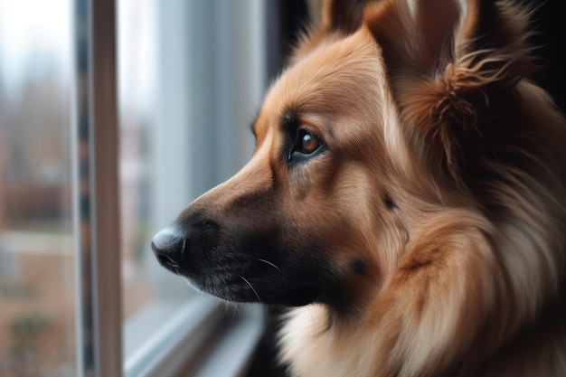 Ritratto di un cane sul davanzale della finestra primo piano Ai generato