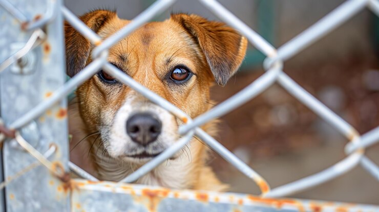 Foto ritratto di un cane triste in un rifugio dietro una recinzione in attesa di essere salvato e adottato in una nuova casa