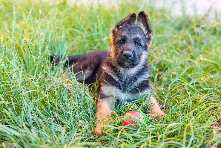 Ritratto di un cane Un cucciolo di pastore tedesco si trova sull'erba verde e gioca con una palla. Sfondo sfocato Il concetto di Happy Pets, una bellissima carta con un animale. Copia spase