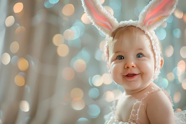 Ritratto di un carino bambino felice di Pasqua che indossa orecchie di coniglietto di Pasqua