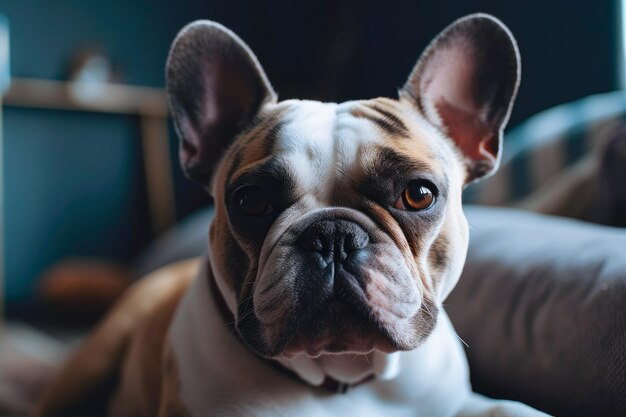 Ritratto di un carino bulldog francese sdraiato sul divano a casa Cane negli appartamenti IA generativa