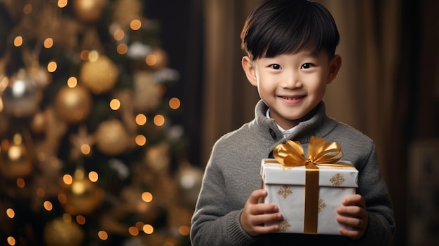 Ritratto di un carino ragazzino asiatico con una scatola da regalo