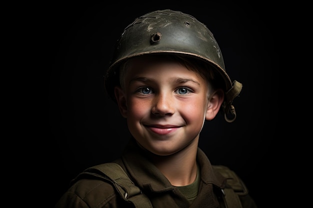 Ritratto di un carino ragazzino in uniforme militare su sfondo scuro