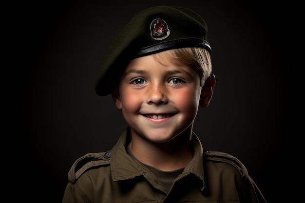 Ritratto di un carino ragazzino in uniforme militare su sfondo scuro