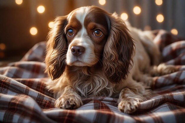 Ritratto di un carino spaniel con occhi grandi su uno sfondo a quadri generato dall'AI