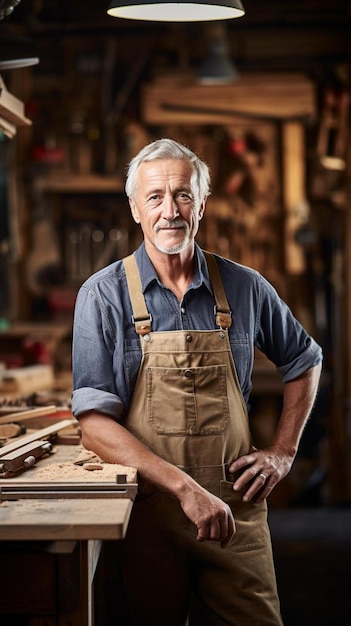 ritratto di un carpentiere anziano fiducioso in piedi accanto alla sua scrivania guardando la telecamera maschio maturo